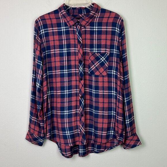 Rails Rust, Navy Blue Plaid Button Down Shirt size Large, EUC - Picture 1 of 13
